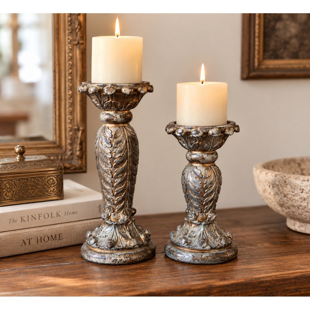Bombay Ornate Candle Holders Set of 2 Antiqued Silver Gold Botanical Pedestal